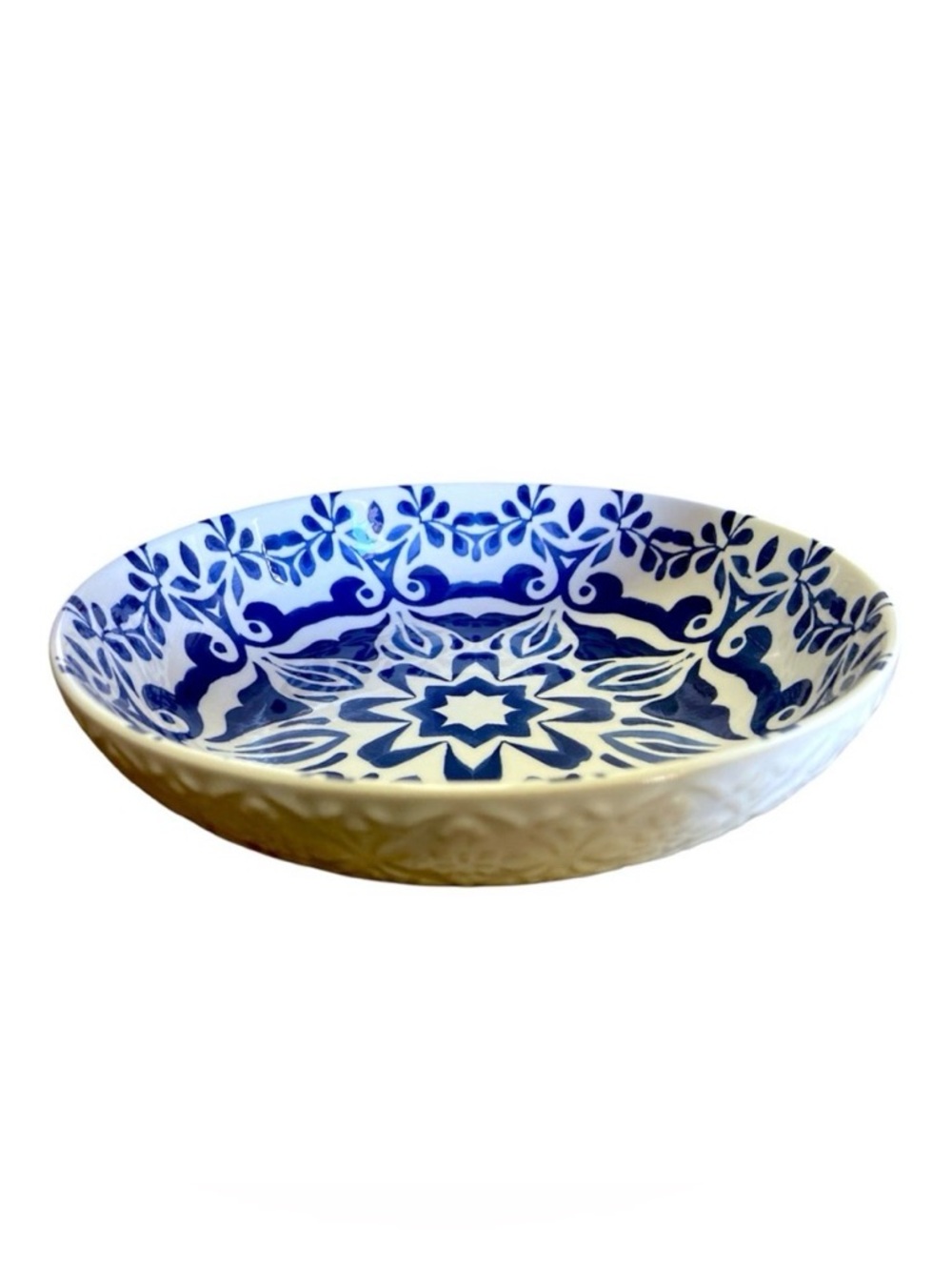 Mediterranean Blue White Portuguese Style Floral Bowl 9” Ceramic NWT